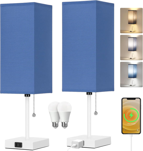 18'' Table Lamp for Bedroom set of 2,3-Color Bedside Lamps with Pull