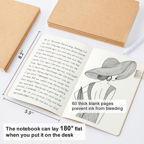 feela 8 Pack Unlined Kraft Paper Notebooks, Blank Journal Note Pad for Drawing Writing, Small Sketchbook Travel Journal Bulk for Women Kids Students Office School Supplies, A5, 60 Pages, 8.3” X 5.5” by feela