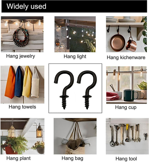 Small Black Ceiling Hooks 1/2'' Screw-in Light Hooks DIY Jewelry Hook (60 Pack)