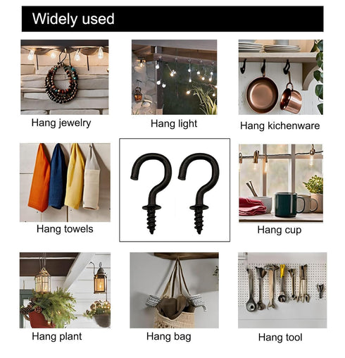 100 Pcs 1/2" Small Screw Hooks, Black Screw in Ceiling Jewelry Hooks for String Lights