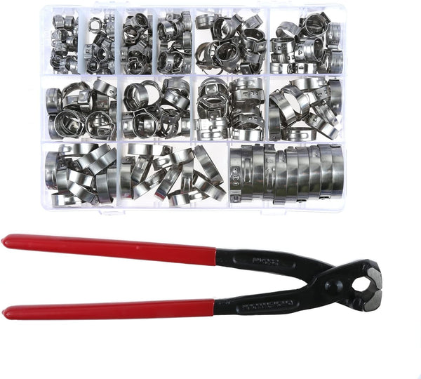 180 Pcs 304 Stainless Steel Single Ear Hose Clamps Assortment Kit with Pincer, 5.3-33.1mm for Automotive and Plumbing