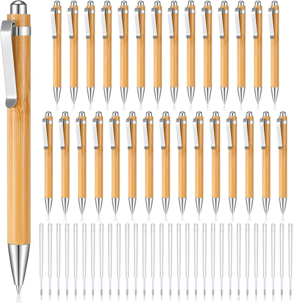 Fainne Bamboo Pens Bulk, Natural Engraving Retractable Bamboo Pen with Extra Black Ink Refills (30 Pcs)