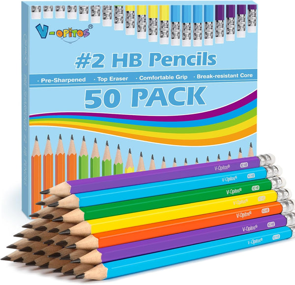 V-Opitos Pre-Sharpened #2 Pencils, 50 Pack Wood-Cased with Top Erasers, Assorted Colors for School Supplies