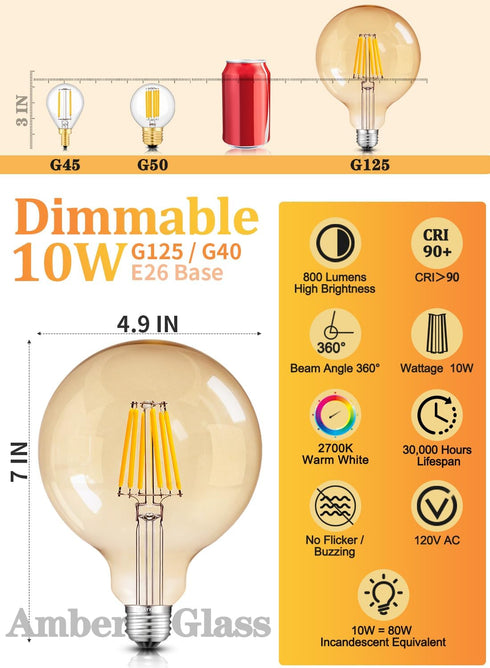 10W Dimmable Bulb 80W 800 2700K E26 G125 G40 Bulb OMAYKEY Large LED Globe Equivalent Lumens, Warm White Medium Base