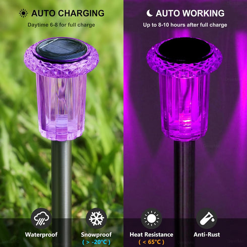 DenicMic 10 Pack Solar Lights Outdoor Waterproof Purple LED Stainless Steel Stake Outside Lights for Yard Pathway