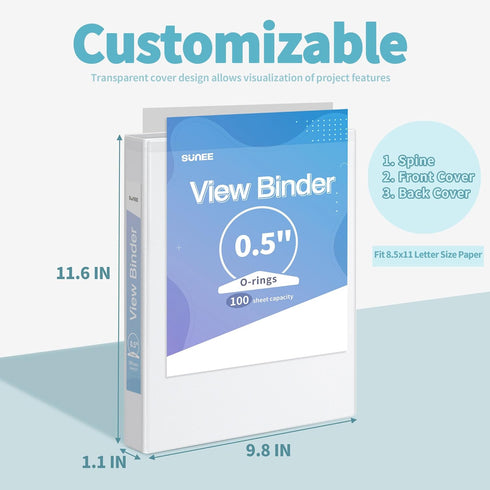 SUNEE 3 Ring Binder 1/2 Inch, 12 Pack, Clear View PVC-Free Binder for School or Office Supplies, White Binder