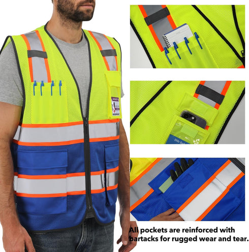 Reflective Mesh Vest High Visibility Two Tone with Pockets and Zipper Yellow and Blue Mesh with Orange Trim M