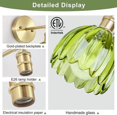 Set (Bulbs Hardwired Wall Sconces of Two, Vintage Wall Lights with Green Tulip Glass Lampshade, Gold Wall Lamps