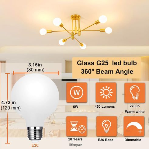 G25 Bulbs Dimmable 60W, 4 Pack 2700K Bulbs 60 25 E26 Ledbulb, Bulb Vinaco Glass LED Light No Flicker Round Light Watt