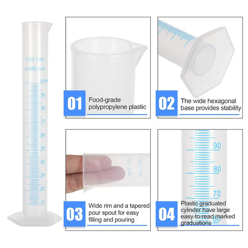 10 Pack 100ml Plastic Graduated Cylinder, Durable Transparent Measuring Cylinder with Pour Spout for Science Projects