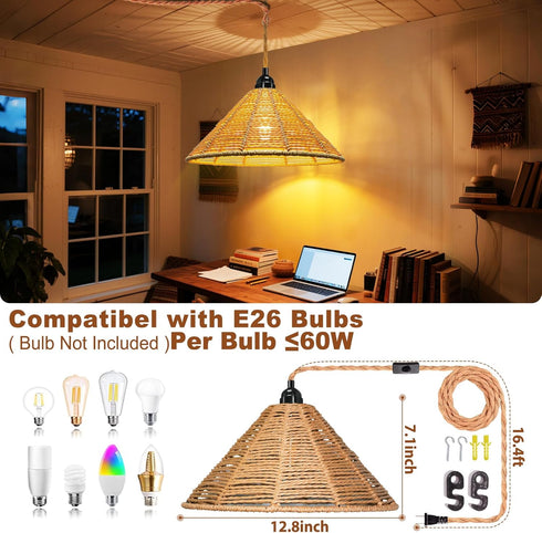 Maliralt 16.4ft Hanging Lamps Rattan Pendant Light - Plug in Cord Hanging Light Fixture Plug Into Wall Outlet Pendant