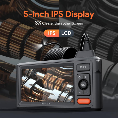 DEPSTECH 1080P 5" 16.5FT Dual-Lens Endoscope Camera with Light, HD Borescope with IPS Screen, Flexible Sewer Plumbing