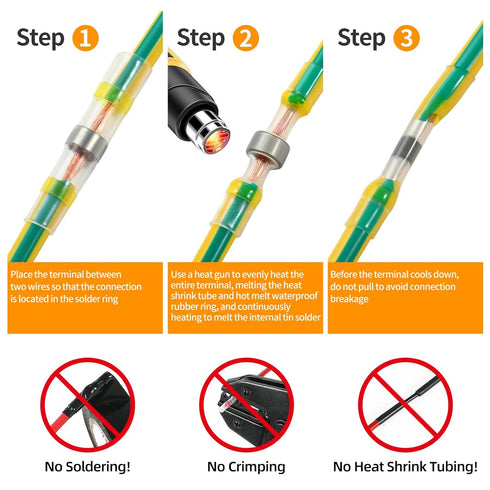 LXNCTORT 150Pcs Yellow Tin Solder Seal Heat Shrink Wire Connectors, Butt Splice Waterproof Terminals A.W.G. 12-10