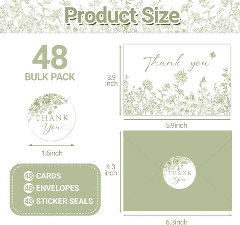 SMUAENSS 48 Pack Green Floral Thank You Cards With Envelopes Stickers, Wedding Floral Thank You Card Greenery Bridal