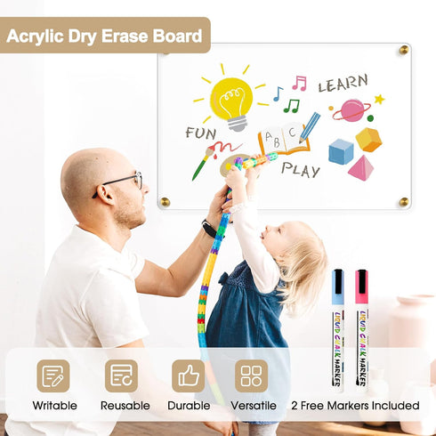 Large Clear Acrylic Dry Erase Board, 24" X 16" Non-Magnetic Frameless White Board for Wall, Includes 2 Markers