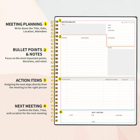 SUNEE Meeting Notebook with Sticky Tabs, 160 Pages B5 Project Planner for Office & Business