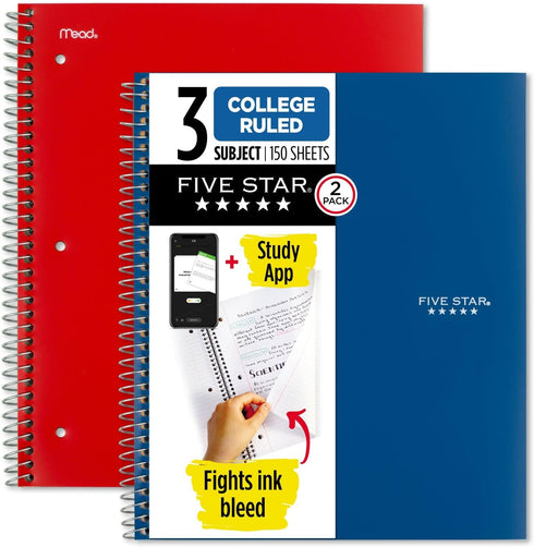 Five Star Spiral Notebooks, 2 Pack, 3 Subject, 150 Sheets, College Ruled Paper, 11" x 8-1/2", Blue & Red