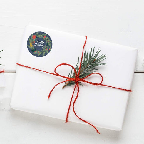 Happy Holidays Stickers, Navy Floral / 1000 Blue Wreath Christmas Labels Roll / 1.5" Round Envelope Seals, Made in USA