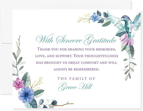Hummingbird Personalized Sympathy Thank You Cards, 5.5x4.25 Funeral Thank You Cards, Bereavement