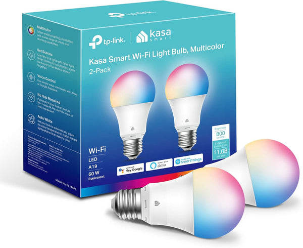 Kasa Smart Light Bulbs, Full Color Changing Dimmable, A19, 60W 800 Lumens, 2.4GHz, No Hub Required, 2-Pack