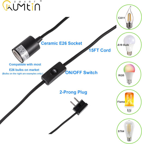 15 E26 1-Pack Feet Plug in Pendant Light, Pendant Light Cord Kit, Black Hanging Light Kits with ON/Off Switch, Socket