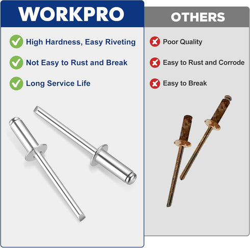 WORKPRO 200Pcs Aluminum Blind Rivets, 3/16" x 1/2" Pop Rivets Assortment for Metal, Marine, Automotive