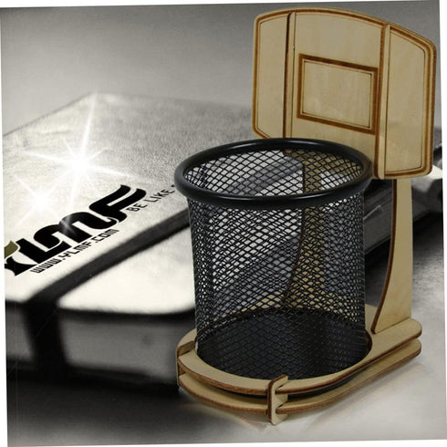 Basketball Stand Pen Holder, Kid Pencils Mesh Wire Pencil Cup Holder, Child Desk Kids Office Wood Grain Storage Box