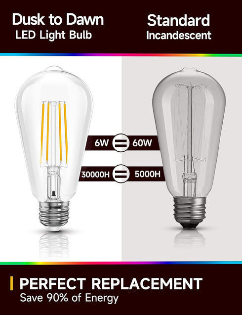 Dusk to Dawn Outdoor Light Bulbs, 6W Equivalent 60W ST64, 2700K Soft White, 600LM LED, E26 Base, 4 Pack