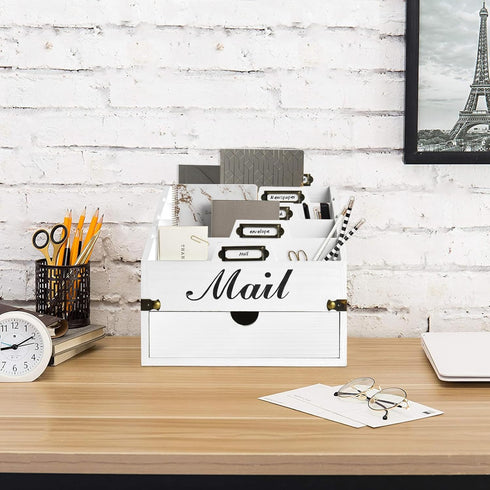Wood Mail Organizer Countertop, Desktop Mail Holder with 4 Compartments and Drawer, File Organizer Wall Mount, Desk