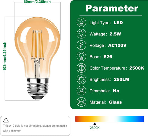 A19 Bulbs,2.5W(25W 250LM 2500K Bulb Chandelier,Non-Dimmable,Amber Glass,E26 Base,6 Packs Vintage LED Edison Light