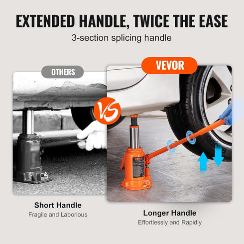 VEVOR 12 Ton Hydraulic Bottle Jack, 26455 LBS, 7.5-14 inch Lifting Range, 3-Section Long Handle for Truck, Car, RV,