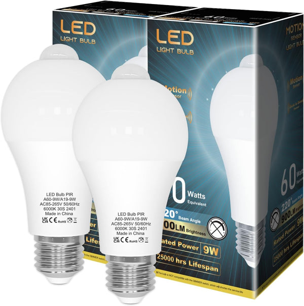 ORALUCE Motion Sensor Light Bulbs Indoor Outdoor 60 Watt Equivalent, A19 E26 9W Motion Activated LED Bulb 6000K Cool