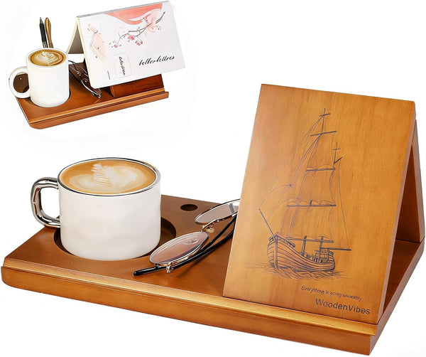 WoodenVibes Triangle Book Holder with Sailboat Design,Nautical Wooden Book Stand for Reading Valet