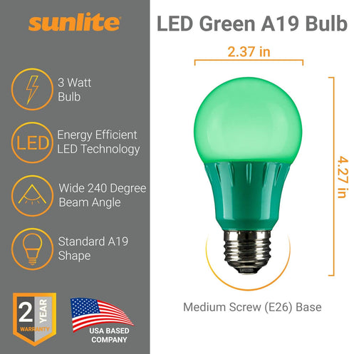 Sunlite LED A19 Colored Light Bulb, 3 Watts (25w Equivalent), E26 Medium Base, Green
