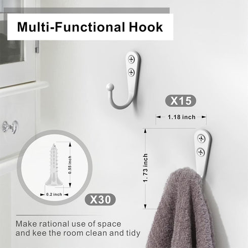 15PCS White Coat Hooks, Robe Hooks, Wall Hooks with 30 Pieces Screws for Towel, Key, Robe, and Coats