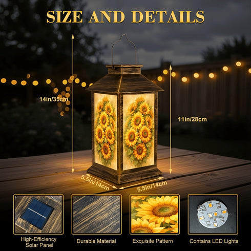 DERUINVAIO Solar Lantern Outdoor Waterproof Vibrant Sunflower Bouquet Golden Petals Green Leaves Garden Decor LED
