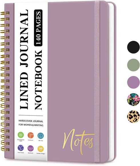 Lined Spiral Journal Notebook for Women, A5 College Ruled, 140 Pages, Hardcover for Work, Note Taking, Purple