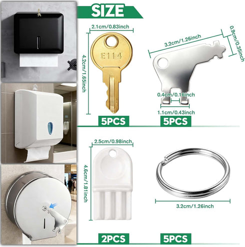 17Pcs Set E114 Paper Towel Dispenser Key with Metal Rings Universal Toilet Tissue Dispenser Key Replacement Keys