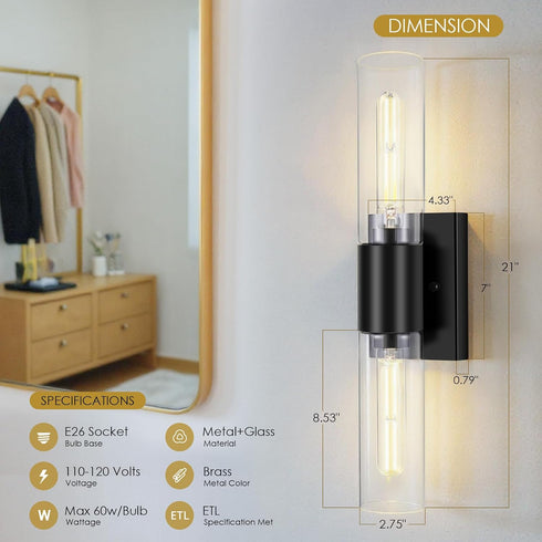 21" Mirror,2-Light E26 T10 Bulbs(Excluded) Matte Black Bathroom Light Fixtures Over Bathroom Vanity Lights Above