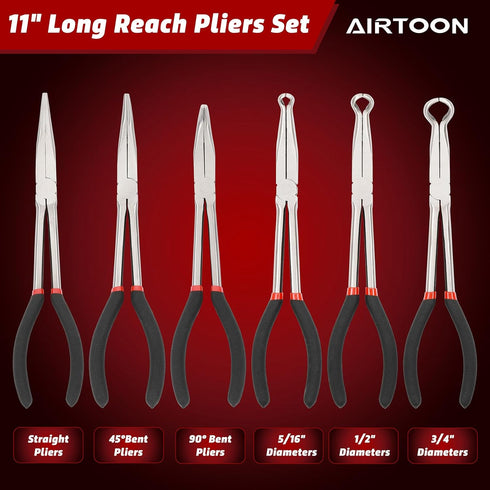 6-Piece 11" Set, 45, 90-Degree 5/16-Inch, 1/2-Inch, 3/4-Inch AIRTOON Hose Gripper Plier & Long Reach Pliers Straight