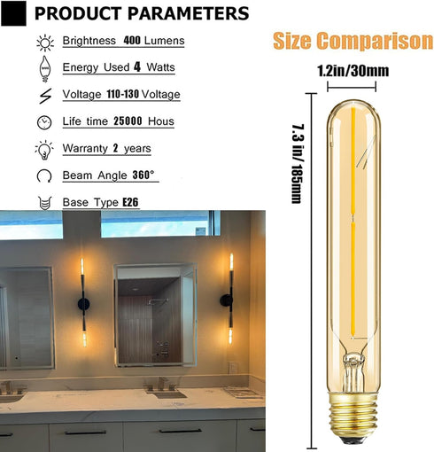7.3inch E26 Bulb 4W Dimmable E26 Bulbs 2700K T10 Bulb 40 Bulb E26 Bulb etc,4 Pack. Tubular Led Led Warm White