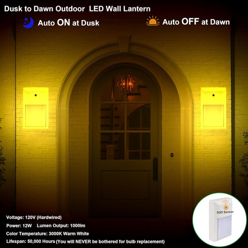 3000K, 12W 1000 Finish,1-Pack, LIT-PaTH Outdoor LED Wall Lantern, Dusk to Dawn Wall Sconce for Porch Lighting Fixture