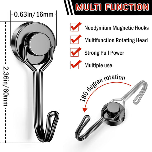 FINDMAG 30 LBS Magnetic Hooks Heavy Duty Magnetic Swivel Hooks Cruise Black Strong Neodymium Magnet Hook for Hanging, Magnets with Hook for Refrigerator, Grill, Locker - 20 Pack by FINDMAG