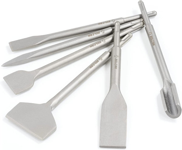 ZELCAN 6pc Chisel Set with SDS Plus Shanks, Masonry Concrete Drill Bit Set, Tile Grooving Scraping Flat Point Scaling