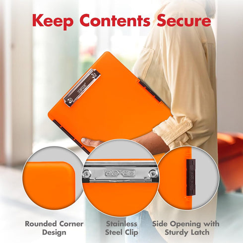 Dexas Slimcase 2 Plastic Clipboard with Storage, Neon Orange, A4 Holder for Office Supplies and Nursing