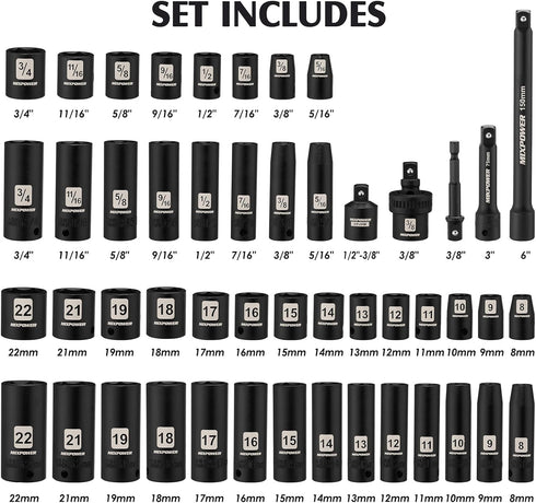 3/8" Set, 6 49 Sizes-5/16-Inch 3/4-Inch 8-22 mm, 3/8'' Set MIXPOWER Drive Deep Impact Socket Point, Piece Standard SAE