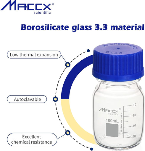 3.4oz (100ml) Glass Round Media Storage Bottles, Heavy-duty Borosilicate with GL45 Screw Cap, Pack of 12