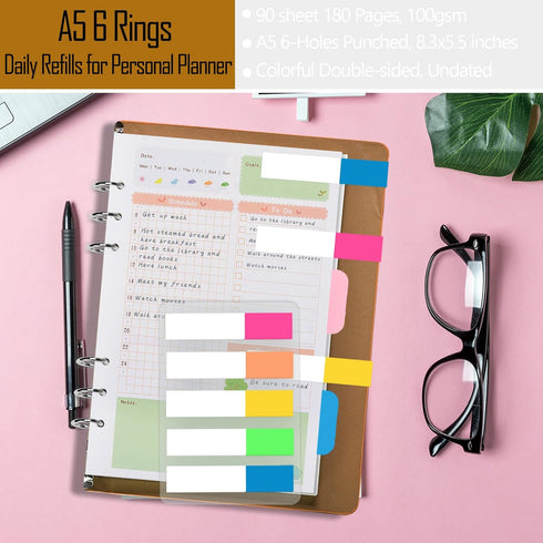 Rancco A5 Planner Inserts, 90 Pages Colorful Daily Refills with Divider, PVC Pouch, Ruler, Index Tab