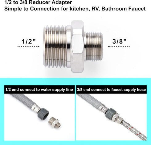 1/2 to 3/8 Reducer Faucet Adapter - Compression Brass Pipe Fitting for RV Kitchen Plumbing, 2 Pack