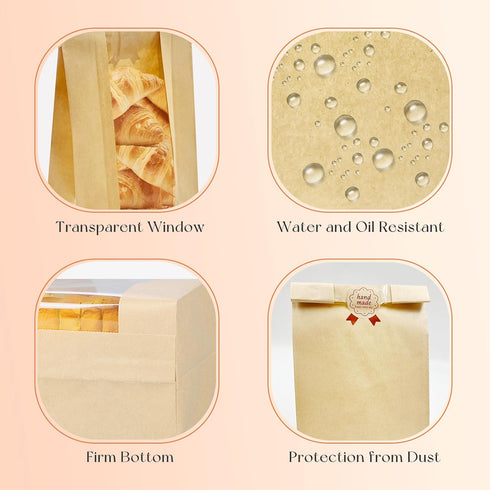 100pcs 120pcs SNAIL GARDEN Sourdough Bread Bags - with Four Sizes, Windowed, Kraft Paper with Label Seal Stickers